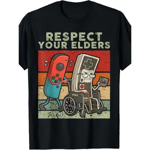 Men' Retro Gaming T-Shirt with Vintage Controller & "Respect Your Elders" Print - Suitable for Gamers, Casual Crew Neck Tee, Machine Washable Year-Round Wear, Nostalgic Style Shirt for Year-Round & Retro Gamer Apparel