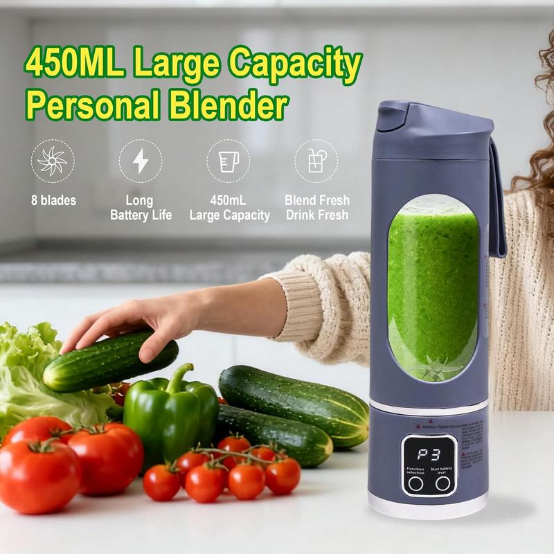Portable electric juicer, with a purple exterior and a digital display, measuring 255 millimeters in height, suitable for making personal smoothies and juices, equipped with an LED screen ultimate portable blender liquid diet digital multimode