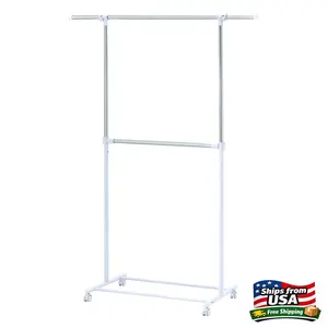 MS 2-Shelf Garment Drying Clothes Rack - Adjustable Height, Locking Wheels, Metal, Silver/White - Closet Organization