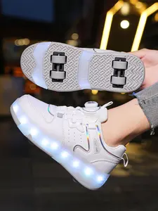 Girls' Four-Wheel Roller Skates, Adjustable LED Light-Up Shoes, PU Leather, USB Charging, Detachable Wheels, All-Season Casual Style
