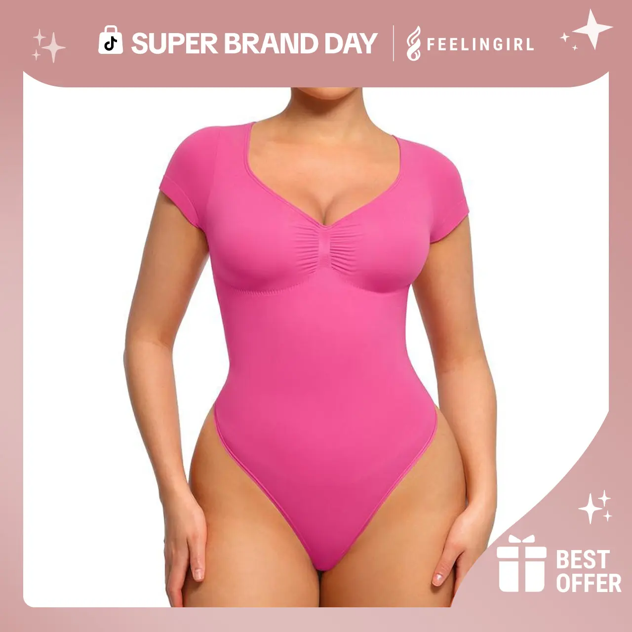 FeelinGirl #Live1 Women's Short Sleeve Bodysuit V Neck Seamless Body Suits Thong Going Out Tops