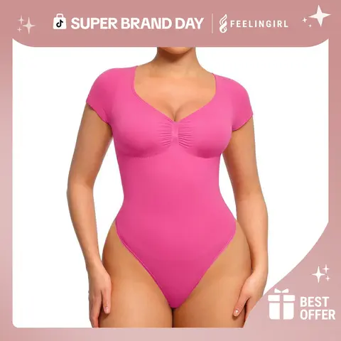 FeelinGirl Women's Short Sleeve Bodysuit V Neck Seamless Body Suits Thong Going Out Tops