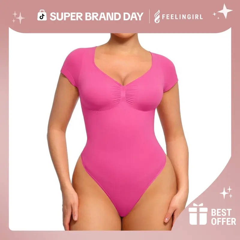FeelinGirl Women's Short Sleeve Bodysuit V Neck Seamless Body Suits Thong Going Out Tops