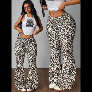 Women's Leopard Print Flare Leg Sweatpants, Casual Comfy Bell Bottom Trousers for Daily Wear, Ladies Bottoms for Spring & Fall Womenswear Brown