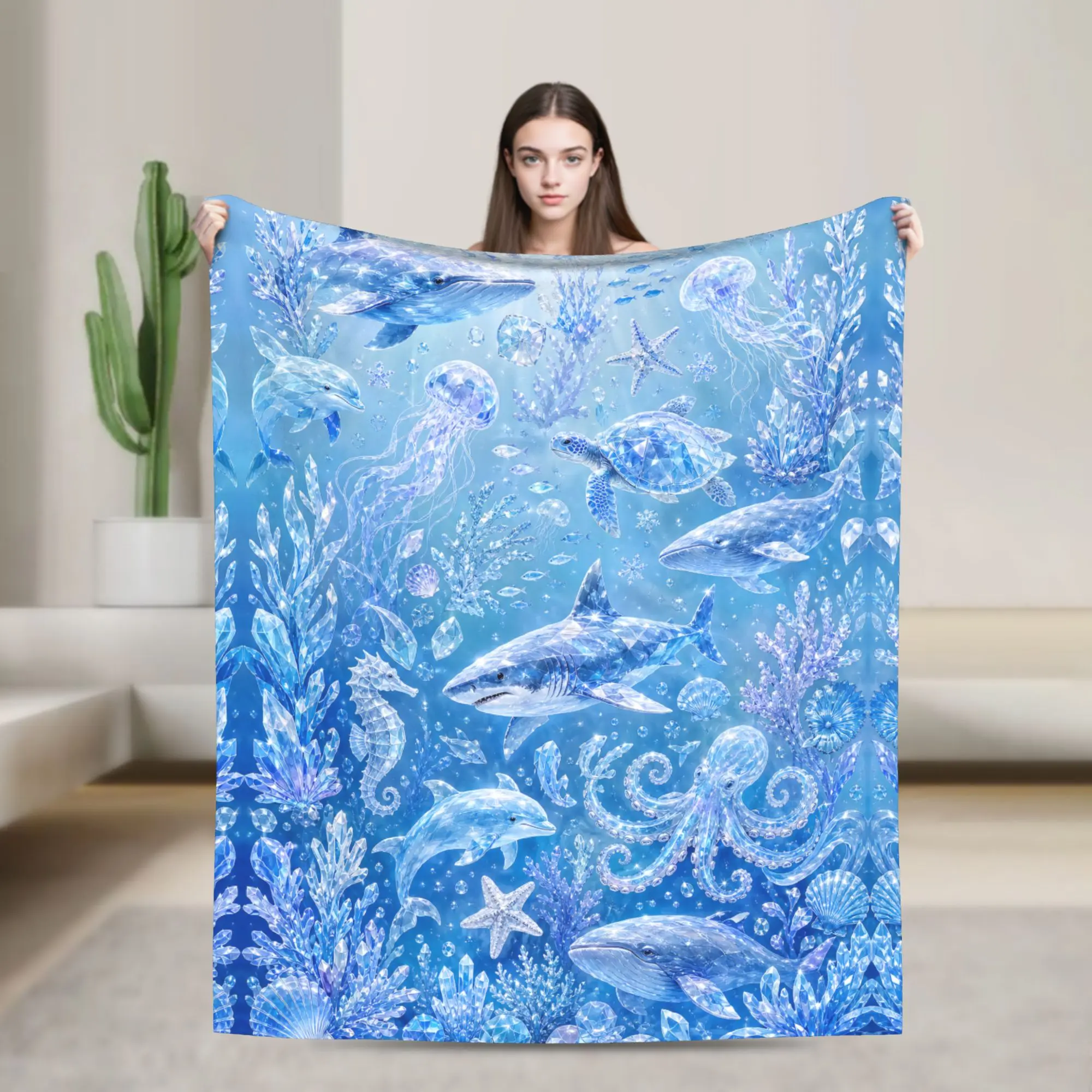 Camping Fleece Throw Blanket - Crystal Deep Ocean Design, Whale Jellyfish Turtle Marine Life Print, Icy Blue Shimmer Flannel for Couch Bed
