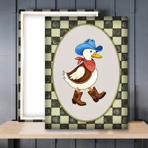 1pc Wooden Framed, Vintage Cowboy Goose Wall Art Canvas Painting, Toddler Western Theme, Checkered Western Duck Print Art Poster, For Bathroom, Bedroom, Office, Living Room, Home Decor
