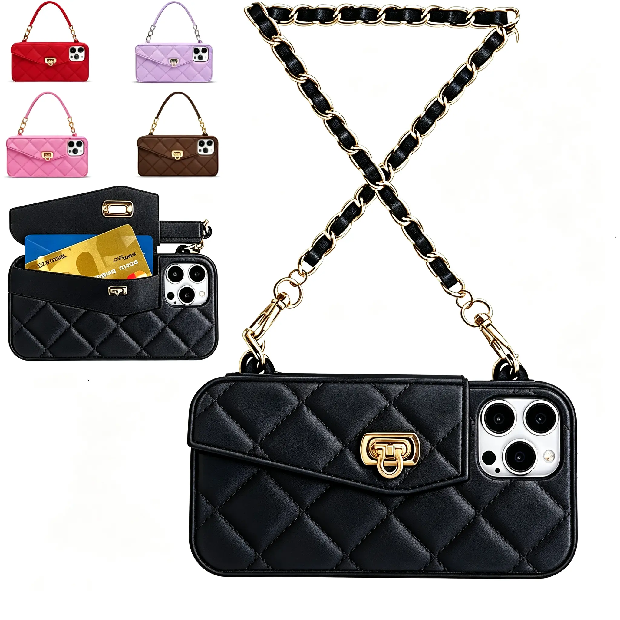 Wallet Case For iPhone 17 Pro Max 16 15 14 13 12 11 Cute Light Luxury Bag Design, Purse Flip Card Pouch Cover Soft Silicone Case with Handstrap
