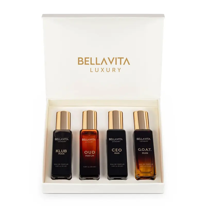 BellaVita Luxury's Perfume Gift Set for Men | 4 Luxury Minis | Long Lasting | G.O.A.T, Oud, CEO Man, Klub Man| Eau De Parfum | Portable Perfume Kit | Perfect Gift for Men