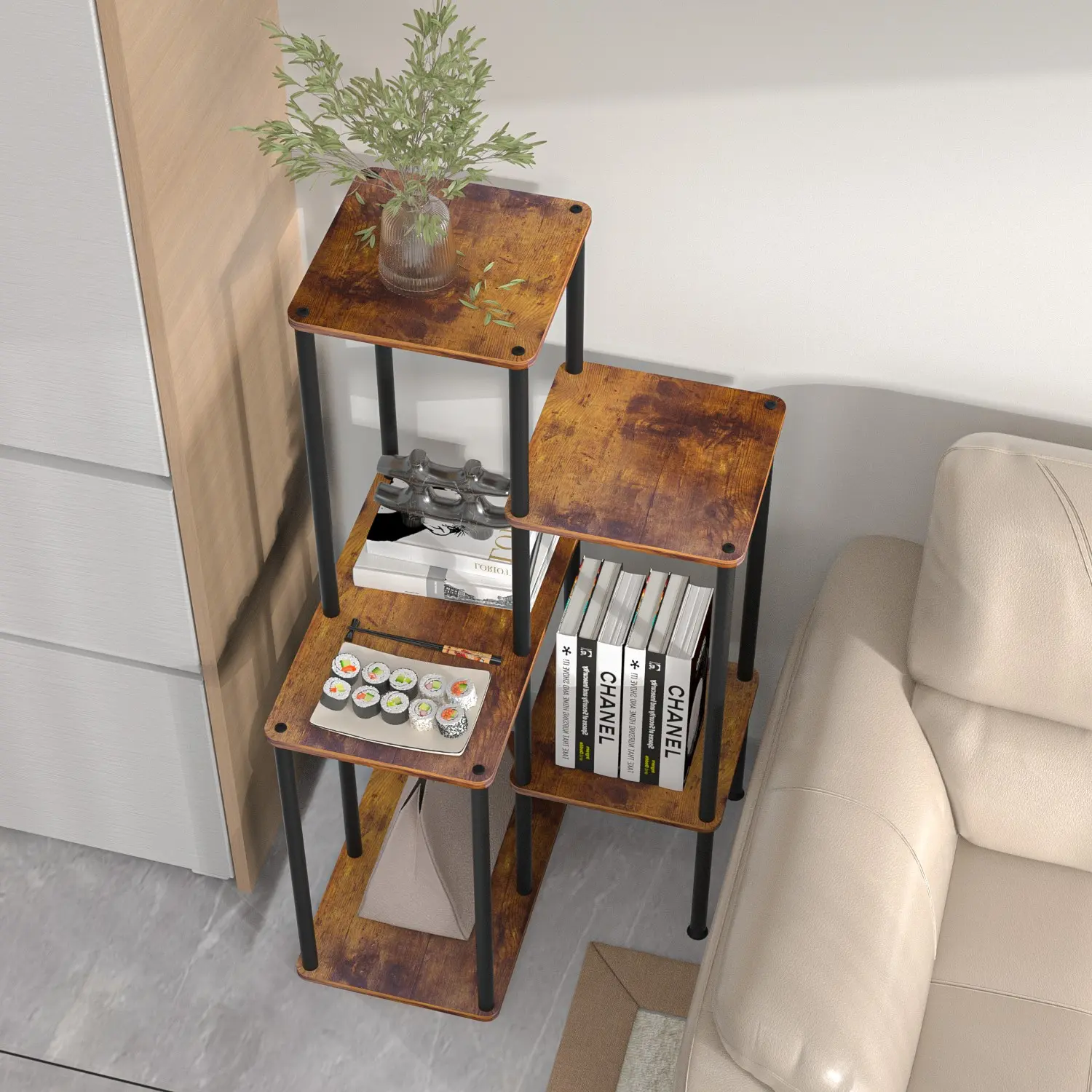 35.83in High Vintage Five-Tier Side Table, Industrial Accent Table, Iron Wood Combination Plant Stand, Bedside Corner Storage Rack, Indoor Living Room Bedroom Kitchen Office, Industrial Wooden Table, Coffee Color, Accent Furniture