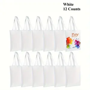 DIY Canvas Tote Bag, 2/12pcs Reusable Solid Color Heat Transfer Bag, Daily Grocery Shopping Bag, DIY Decoration for Widely Use