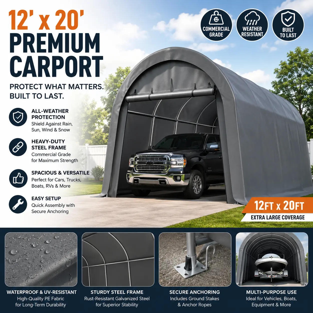 Commercial Grade 12x20 Outdoor Carport Canopy, Large Portable Storage Shelter for Vehicles, Boats, Tools & Backyard Equipment