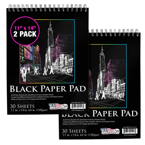 11 x 14" Premium Heavy-Weight Black Paper Sketchbook, 64lb (140gsm), 2 Pack, 30 Sheets, Spiral Bound, Black Paper Notebook for Colored Pencil, Markers, Oil Pastels, Chalk, Charcoal