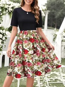 Women's Elegant Patchwork Dress, Round Neck Short Sleeve Floral Polka Dot Design, Slim Fit Casual Everyday Office Party Commute Wear Womenswear