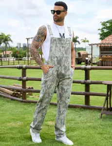 Yuanbang Men's Loose Pattern Adjustable Stretchy Overalls Fashion Camo Pattern Denim Bibs Coveralls Pockets Jumpsuit with Zipper Fall Winter Menswear Camouflage Redneck Party Outfit