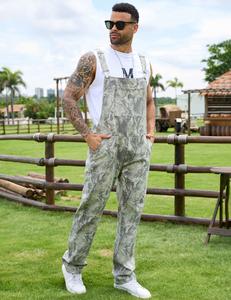 Yuanbang Men's Loose Pattern Adjustable Stretchy Overalls Fashion Camo Pattern Denim Bibs Coveralls Pockets Jumpsuit with Zipper Fall Winter Menswear Camouflage Redneck Party Outfit