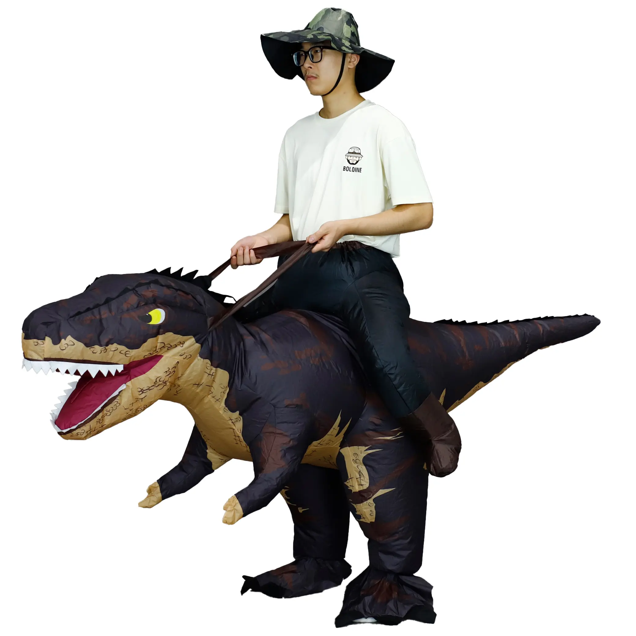 1 x Ride-On T-Rex Inflatable Costume for Adults - Polyester, 1 Size, Geometric Funny Blow-Up Suit with Strap, USB Inflation, Durable Fabric, for Halloween, Cosplay (Cowboy Style Option), Prank Videos, One Size