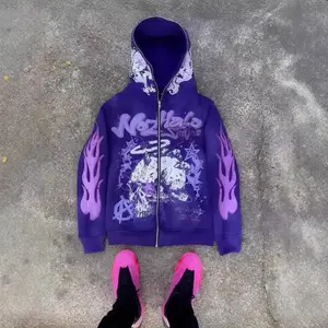 Y2K Streetwear Zip Hoodie ?C Vintage Harajuku Cartoon Print Oversized Sweatshirt