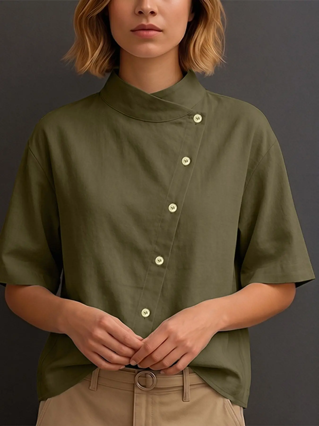 ZANZEA Women's Fashion European Style Casual Top, Stand Collar Five-Quarter Sleeve Slant Front Solid Color Daily Shirt, Trendy Ladies' Clothing