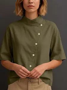 ZANZEA Women's Fashion European Style Casual Top, Stand Collar Five-Quarter Sleeve Slant Front Solid Color Daily Shirt, Trendy Ladies' Clothing
