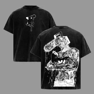 Chainsaw Man Pochita Graphic T-Shirt Vintage Acid Wash Oversized Anime Tee Heavyweight Cotton Manga Streetwear Denji and Meowy Print Distressed Aesthetic Gothic Punk Gift for Anime Fans