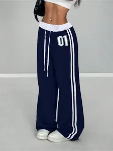 Women's Navy Blue Jogger Pants with Side Stripes, Loose Fit Athletic Sweatpants with "01" Print for Casual and Sports, Runner Pants