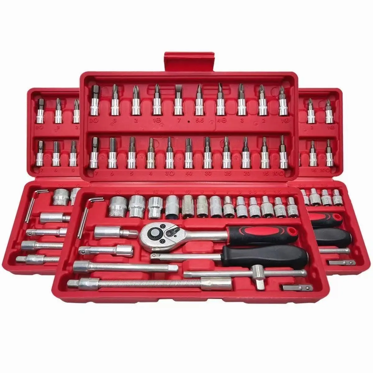 46-Piece 1/4" Drive Work Tools Set - Heavy-Duty CR-V Steel Ratcheting Wrenches, Socket & Screwdriver Bits, Metric/SI & SAE, Versatile for Auto Repair, Home DIY, Durability