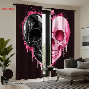 2pc Deep Skull Heart Graffiti Curtains, Cool Personalized Long Vertical Drapes, Privacy Blinds for Living Room