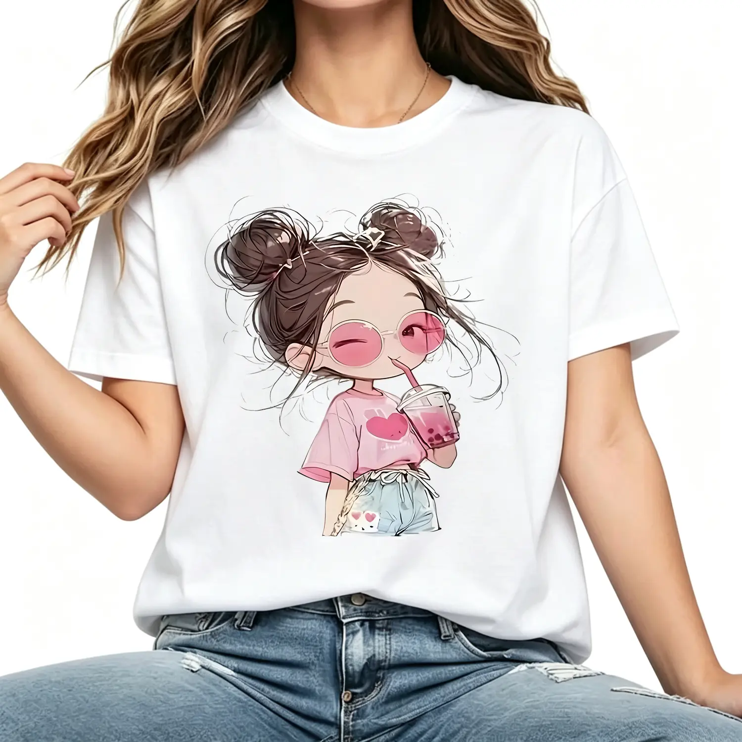 100 Percent Cotton Cute Cartoon Printed Short Sleeve Round Neck T Shirt Summer Loose Fit Casual Womens Graphic Tee Boho Kawaii Style