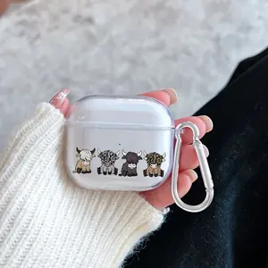Furry Yak Quartet Pattern Protective Case for AirPods 4/3/2/1/Pro/Pro2 Soft TPU Earphone Cover, Transparent with Keychain
