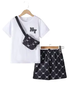 3pcs/Set Boys' Casual Summer Letter Graphic T-Shirt, Elastic Waist Allover Print Shorts And Cross-Body Bag 42503059