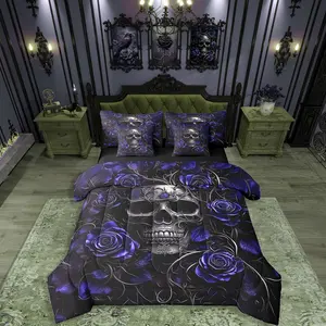 Feelyou 7-Pc Gothic Sugar Skull Navy Blue Rose Floral Skeleton Bed-in-a-Bag, Ultra-Soft Microfiber Bedroom Bedding Set with Microfiber Sheets, Multi-Size Decorative Soft Option for Teens, Decorative Bedding Set