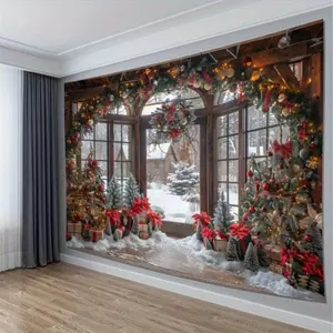 Tapestry  Christmas Themed Tapestry with Festive Decor Design, Woven Polyester Wall Hanging for Living Room, Bedroom, Office, Holiday Party Room Decoration