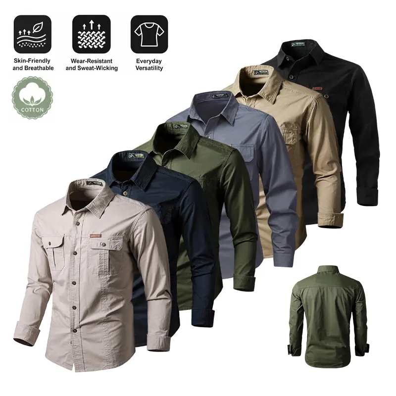 Men's Pure Cotton Relaxed Fit Plain Classic Long-Sleeve Workwear Shirt - Menswear Tops, Turn-Down Collar, Button Closure, Multiple Pockets, Versatile for Outdoor Work, Hiking/Camping