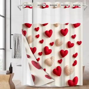 1pc hookless shower curtain with buckle lining, Valentine's Day pink and red heart pattern design, 2D flat printing, fabric waterproof lining, see-through double-layer, 71x74 inches, home curtain, Waterproof bathroom curtain