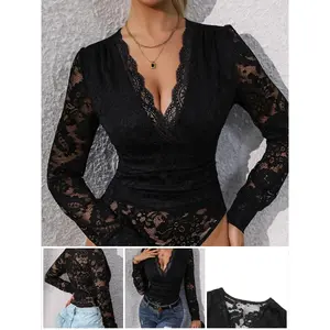 Women’s plain scalloped-trim hollow lace jumpsuit, elegant long-sleeve V-neck jumpsuit, suitable for parties and vacations, women’s spring and autumn long-sleeve clothing, Valentine’s Day gifts, women’s apparel