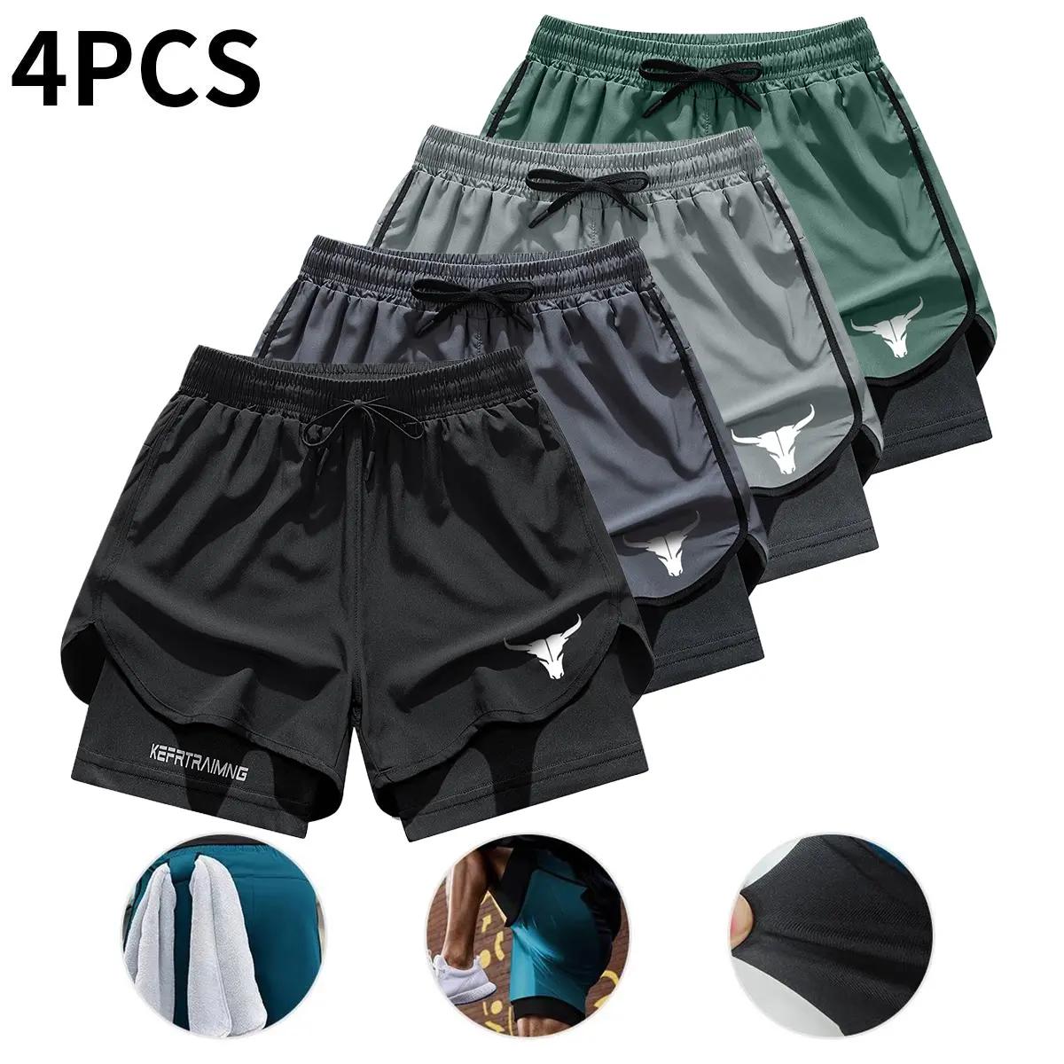 Men’s 2‑in‑1 double‑layer quick‑dry shorts with inner pockets, available in a 4‑pack, suitable for summer gym workouts and training.,summerwins summerwins black Elastic Sporty Shorts Fitness Workout Shorts