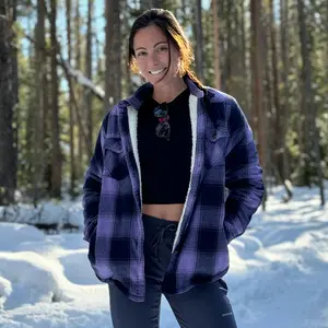 Women's Sherpa Lined Flannel Shirt Jacket,Button Down Flannel Shacket Fleece Womenswear