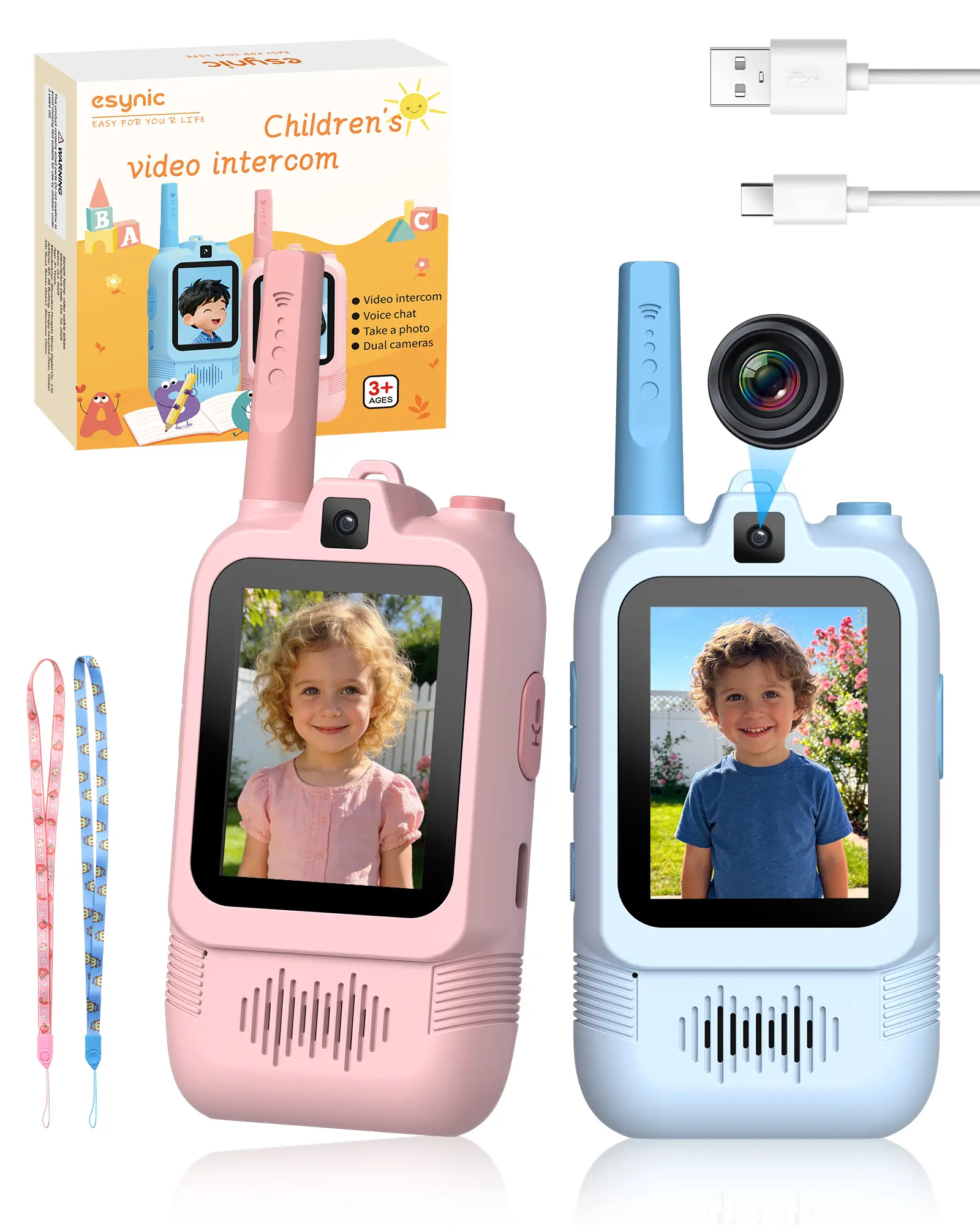 esynic 2026 Kids Dual Camera Video Walkie Talkies Toys – 2 Pack Rechargeable Video Intercom with Front & Rear Cameras for Long-Distance Communication, Perfect for Indoor & Outdoor Play, Camping, Family Games, Ages 3-12