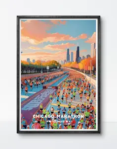 [SALE UP TO 50% - UNFRAMED] Chicago Marathon Poster – Skyline Race Scene, Running Event Art Print, Vintage Travel Style- Complimentary Delivery