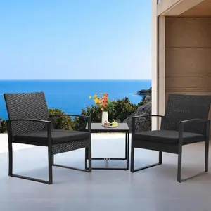 【Crazy Price】3-Piece Outdoor Patio Furniture Set Waterproof Wicker Chairs Safety Glass Table Thick Cushions Bistro Set for Balcony Garden Clearance Deal