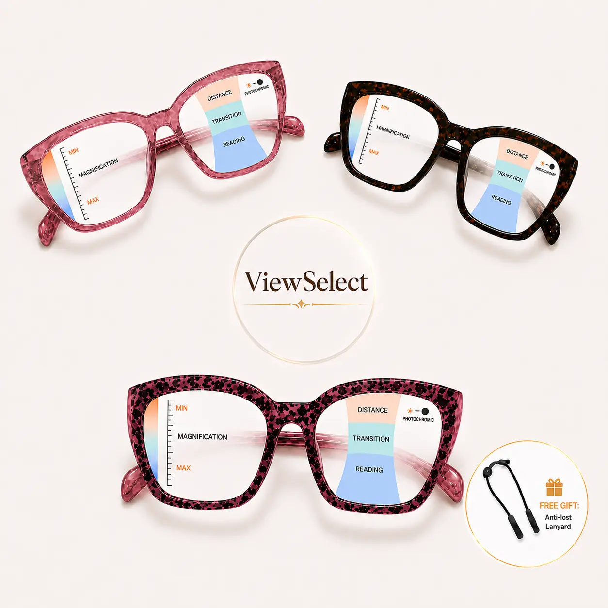 ViewSelect Non-Prescription Oversized Progressive Multifocal Reading Glasses - Lightweight Square Frame, HD Clear Lenses for Men & Women, Daily Reading, Screen Use