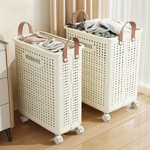 [Foldable Laundry Basket] Large Capacity Foldable White Ceramic-Style Laundry Basket with Wheels - Portable Dirty Clothes Hamper with Handles for Bathroom and Balcony Storage, Ventilated Design for Air Circulation, Laundry Room Accessories - 2 Color