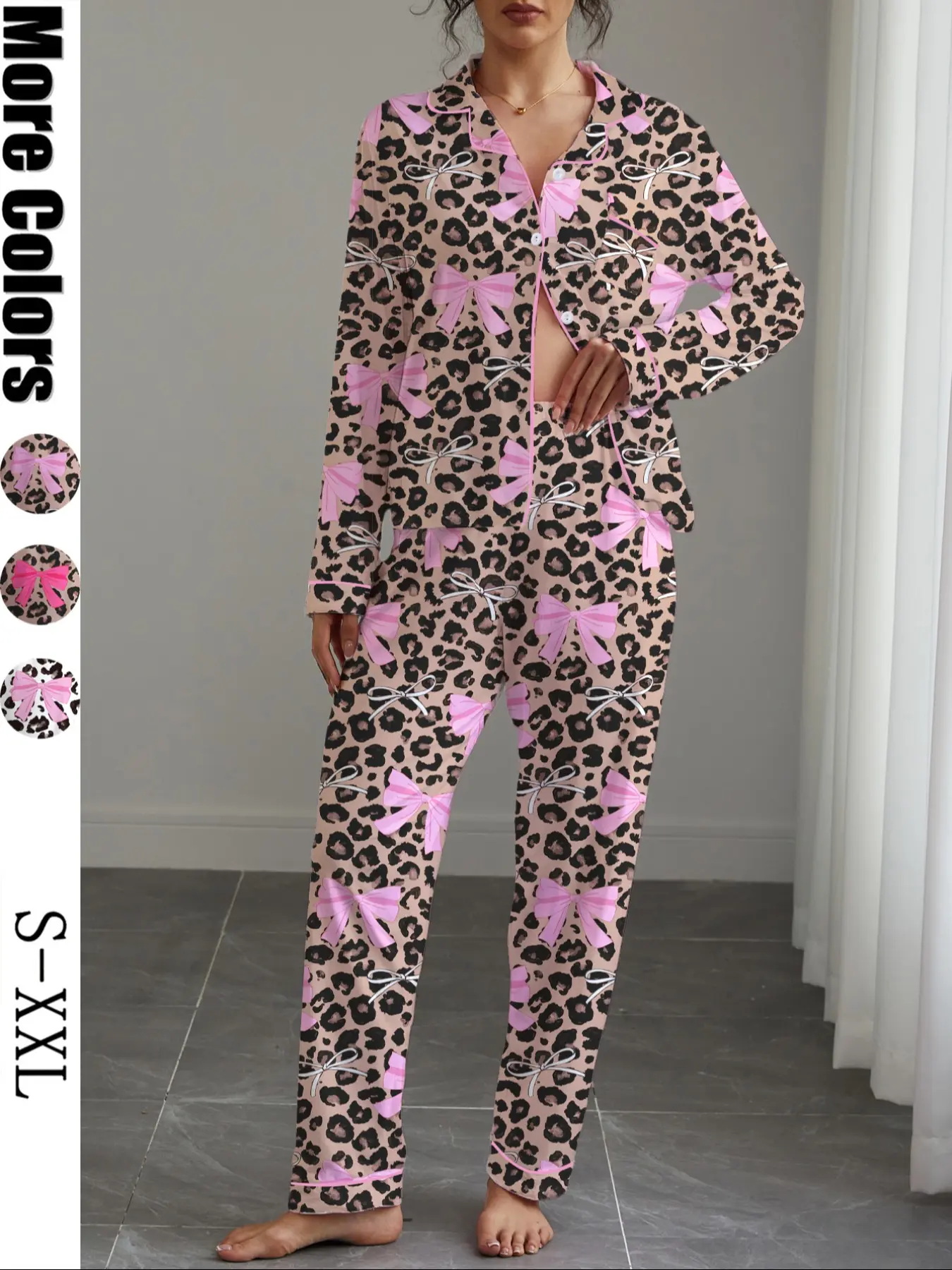 Women's Cute Bow Knot Print Pajama Set, Casual Fitted Long Sleeve Shirt & Elastic Pants, Soft Stretchy Fabric, All Seasons Wear, Soft Lounge Sets
