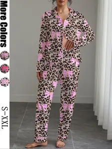 Women's Cute Bow Knot Print Pajama Set, Casual Fitted Long Sleeve Shirt & Elastic Pants, Soft Stretchy Fabric, All Seasons Wear, Soft Lounge Sets