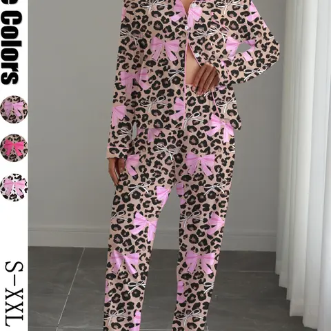 Women's Cute Bow Knot Print Pajama Set, Cute Pajama Sets, Casual Fitted Long Sleeve Shirt & Elastic Pants, Soft Stretchy Fabric, All Seasons Wear