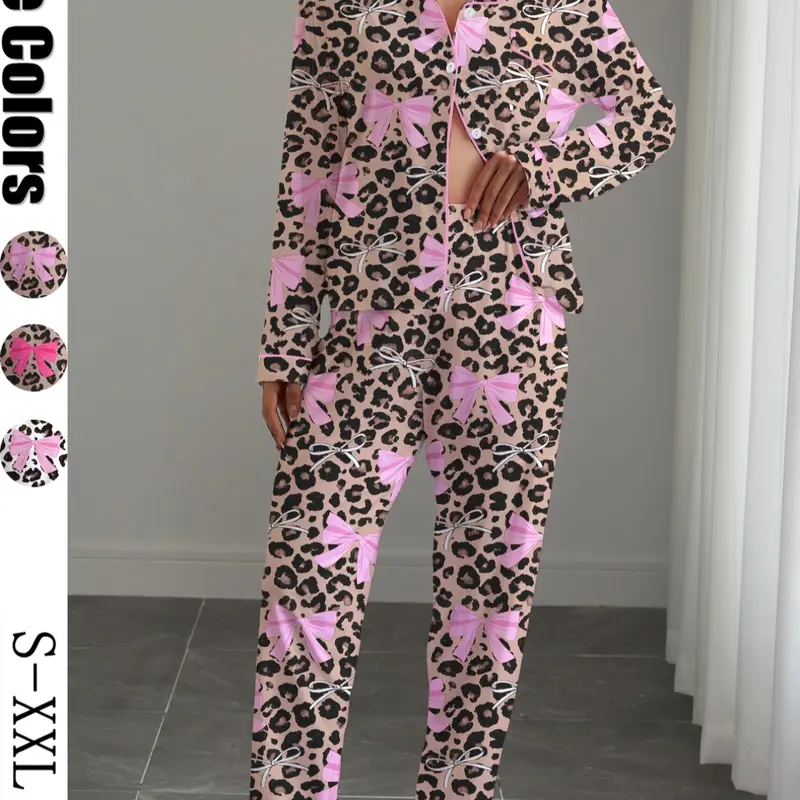 Women's Cute Bow Knot Print Pajama Set, Cute Pajama Sets, Casual Fitted Long Sleeve Shirt & Elastic Pants, Soft Stretchy Fabric, All Seasons Wear