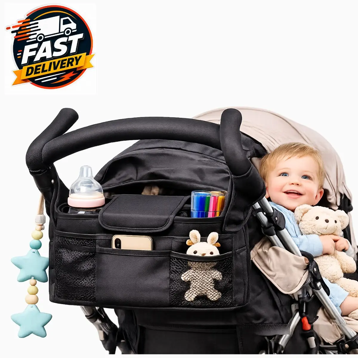 Baby Stroller Organizer Bag Universal Pram Caddy with Cup Holders Phone Pocket Baby Stroller Organizer Bag Universal Pram Caddy with Cup Holders Phone Pocket