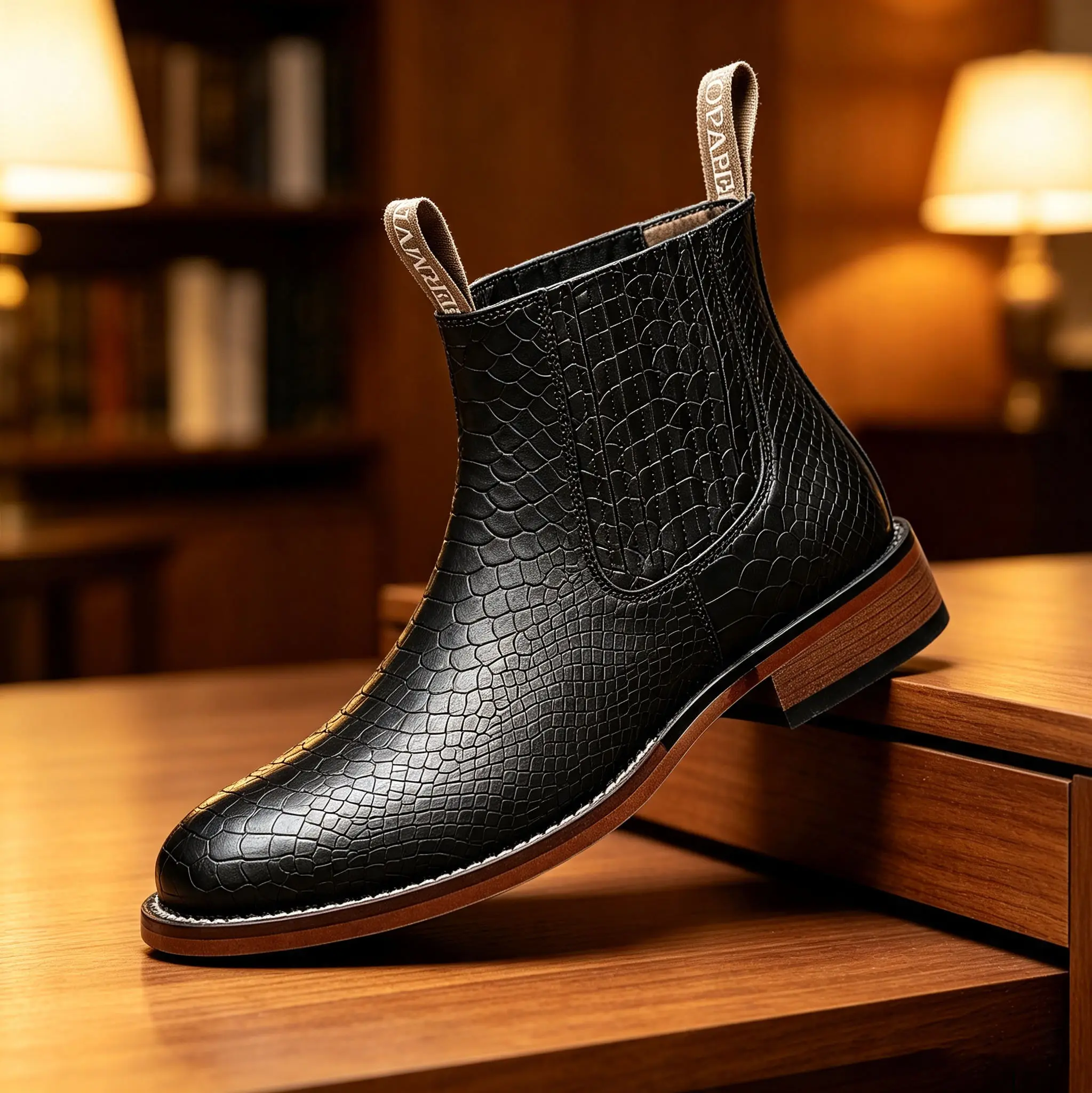 KVONE new men’s , crocodile-embossed square-toe Chelsea work ankle , leather Western-style , country-style work , comfortable and safe footwear, casual and fashionable, multifunctional men’s Chelsea, black boots