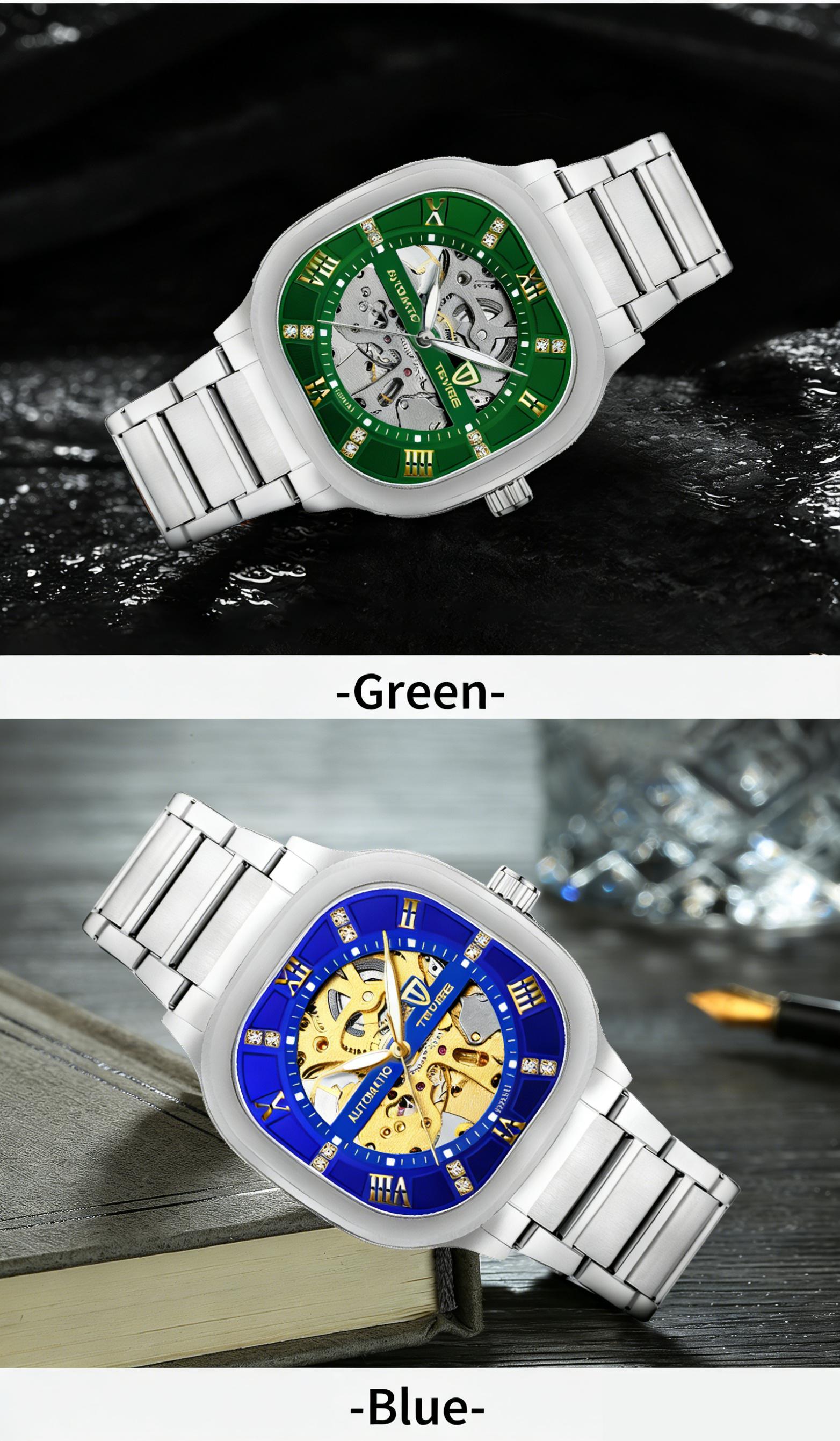 Luxury Men's Skeleton Automatic Watch, Gold Accent, Square Case, Business Stainless Steel Timepiece