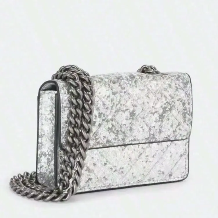 Leather chain belt bag - Women's - Crossbody purse. Detachable belt chain. Ladies' evening mini handbag, silver - Mini, small, fashionable